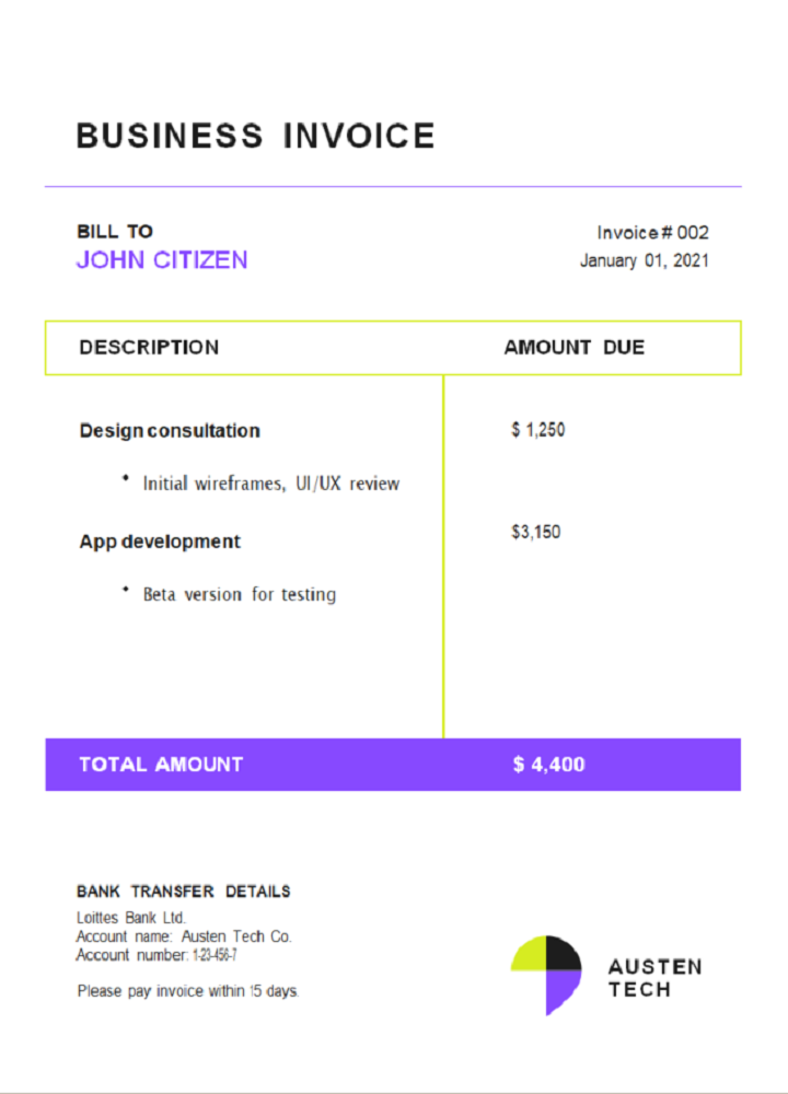 USA Austen Tech Company invoice PSD template